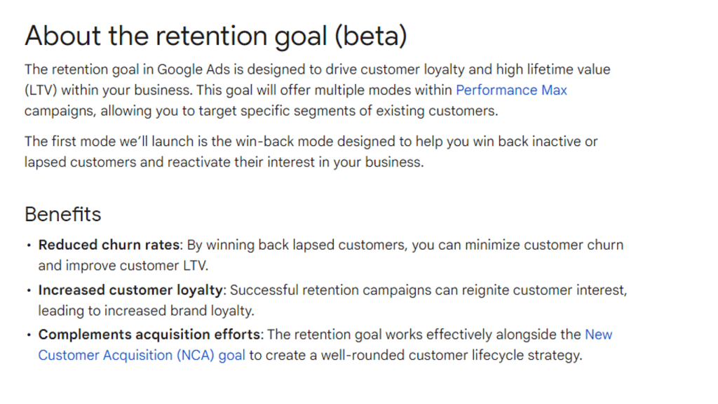 Screenshot of a Google Ads beta feature description. It outlines a retention goal aimed at increasing customer loyalty and lifetime value through targeted campaigns. Benefits include reduced churn rates, enhanced SEO keywords for visibility, increased loyalty, and complementing acquisition efforts.
