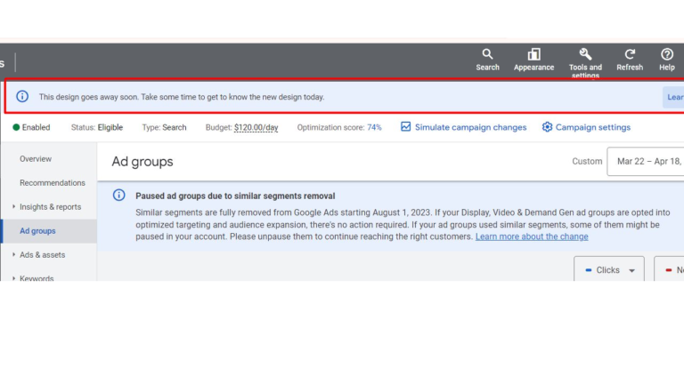 Screenshot of a Google Ads interface reveals a message about the design's impending change. "Ad groups" are displayed, with paused notifications due to similar segments being phased out by August 1, 2023. Options for search and appearance remain in the older UI version at the top.