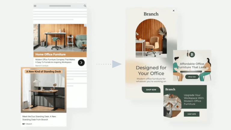 A comparison between an office furniture website on mobile and desktop reveals subtle differences. The mobile site showcases a standing desk article, highlighting customization options, while the desktop site features ads for Branch office furniture, emphasizing modern design and affordability.