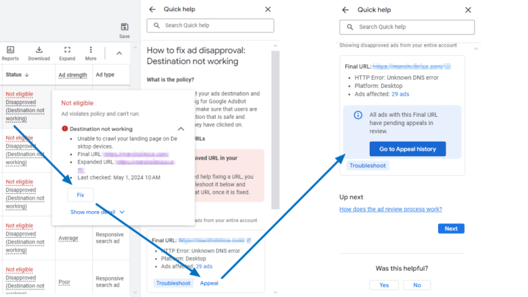 Screenshot showing a Google Ads disapproval notice for "Destination not working," with options to troubleshoot or appeal. The ad, affected by URL issues, impacts 20 ads. A button for fixing the destination is present, alongside details on the updated appeal process for suspended ads.