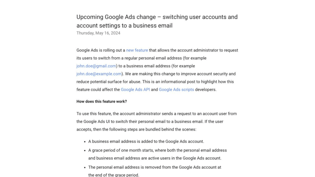 Screenshot of an article titled "Upcoming Google Ads change – switching user accounts and account settings to a business email," dated Thursday, May 16, 2024. The article highlights enhanced security through a new feature allowing account admins to update user emails to business addresses.