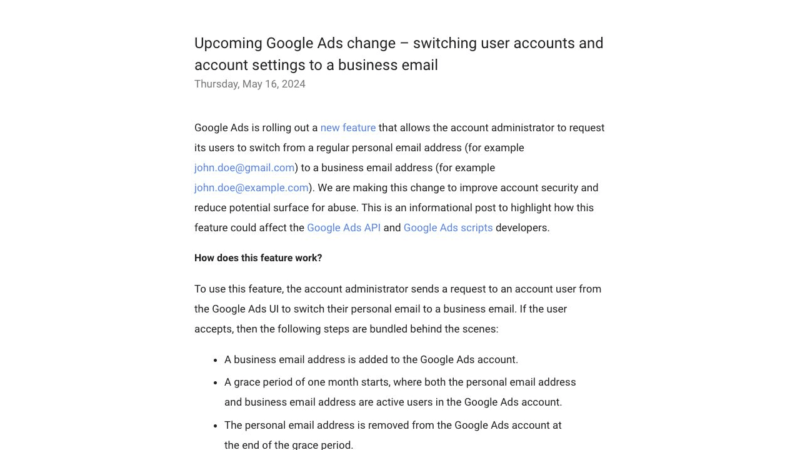 Screenshot of an article titled "Upcoming Google Ads change – switching user accounts and account settings to a business email," dated Thursday, May 16, 2024. The article highlights enhanced security through a new feature allowing account admins to update user emails to business addresses.