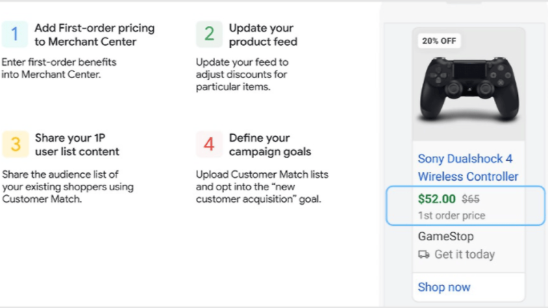Infographic detailing steps for merchants: 1) Implement First Order Pricing in Google Merchant Center, 2) Update product feed for discounts, 3) Share user list with Customer Match, 4) Define campaign goals. Also featured is a discounted Sony Dualshock 4 controller.