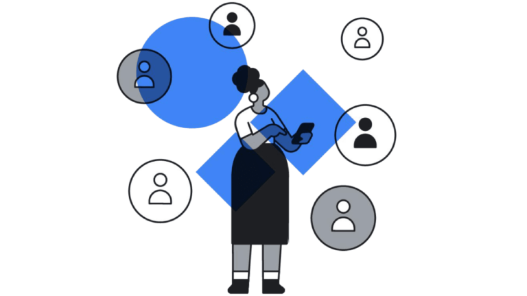 Illustration of a person holding a phone surrounded by network icons with abstract blue shapes in the background, symbolizing connectivity and communication in a digital or social media context.