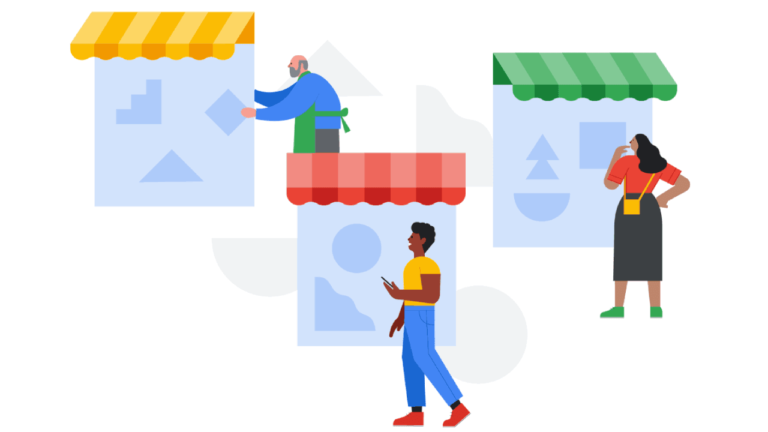 Illustration of three vibrant storefronts with colorful awnings, reminiscent of lively marketplaces. A person in blue pants strolls by, as one shopkeeper arranges items while another holds a notepad, contemplating. Geometric shapes appear like elements from Help Pages in the windows.
