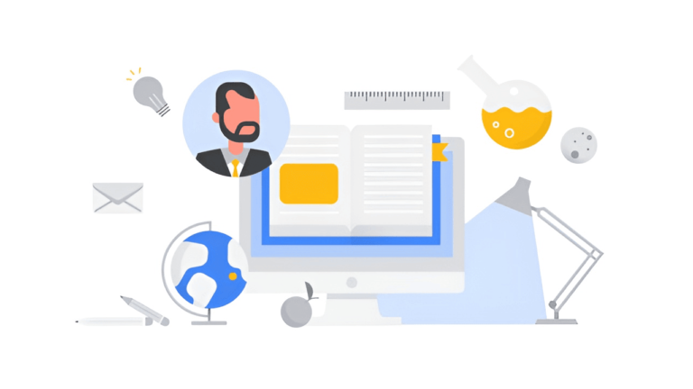Illustration of a computer screen displaying an open book. Surrounding items include a globe, a beaker, a ruler, a lamp, a lightbulb, an envelope, and a male avatar. Pens and a mouse are placed in the foreground.