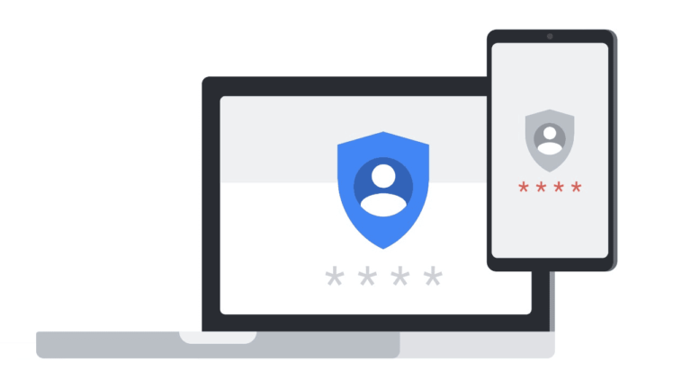 A laptop and a smartphone display security icons, including a blue shield and person symbol, and red asterisks, representing password protection and digital authentication processes.