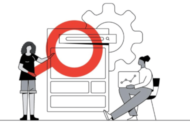 Illustration of two people interacting with oversized website elements. One stands by a large red magnifying glass and search bar, while the other sits holding a laptop displaying a graph, with a gear icon in the background.