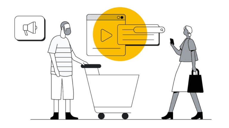 Illustration of two people shopping. One pushes a cart with a chat bubble and play button above, indicating digital interaction. The other holds a shopping bag and phone. A megaphone icon is in the top left corner, suggesting communication or marketing.