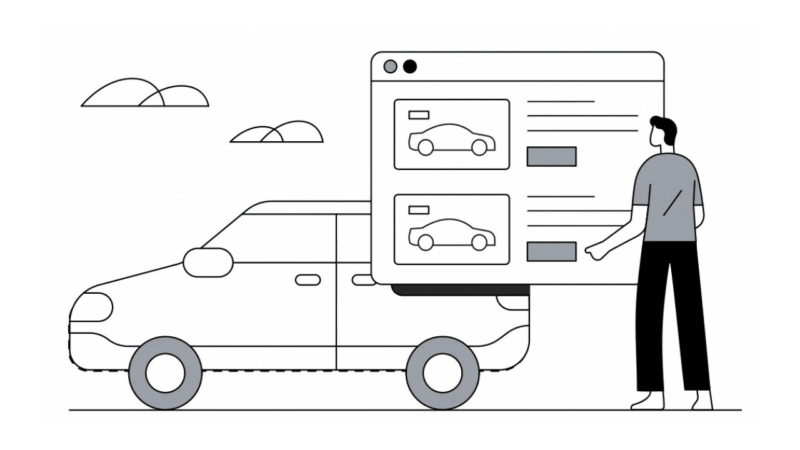 Illustration of a person interacting with a large web browser interface displaying car images and options, juxtaposed with a side view of a car. Two clouds float in the background.