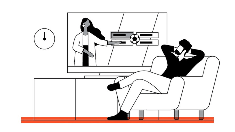 A person relaxes on a couch, watching a TV program with a sports commentator and a soccer graphic. A wall clock shows 3 o'clock. The room is simply furnished. The style is minimalistic and monochrome with orange accents.