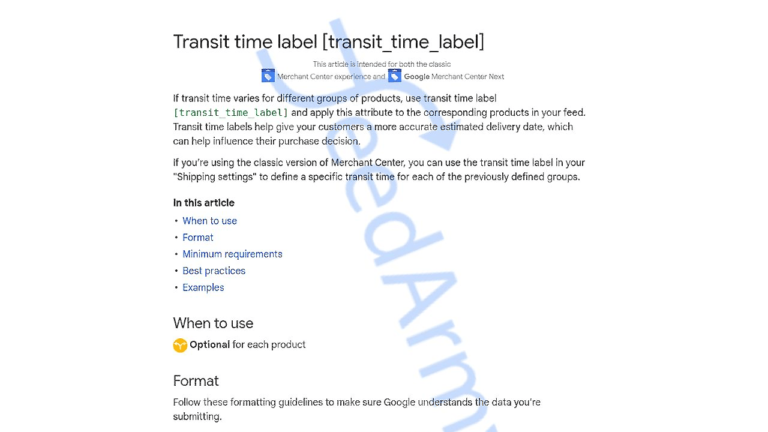 Screenshot of a Google Merchant Center Help page titled "Transit Time Label [transit_time_label]." It details using the label attribute for products with varying transit times, outlines when to apply it, and includes a format guide for seamless integration.