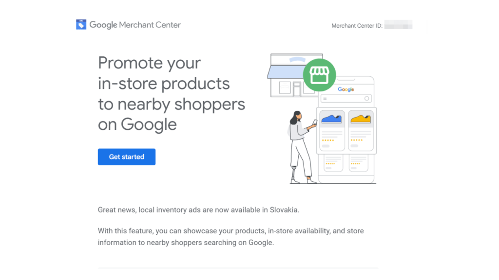 A Google Merchant Center advertisement highlights Local Inventory Ads promoting in-store products to nearby shoppers on Google. A graphic shows a person using a smartphone next to a large phone displaying product listings. A "Get started" button is visible.