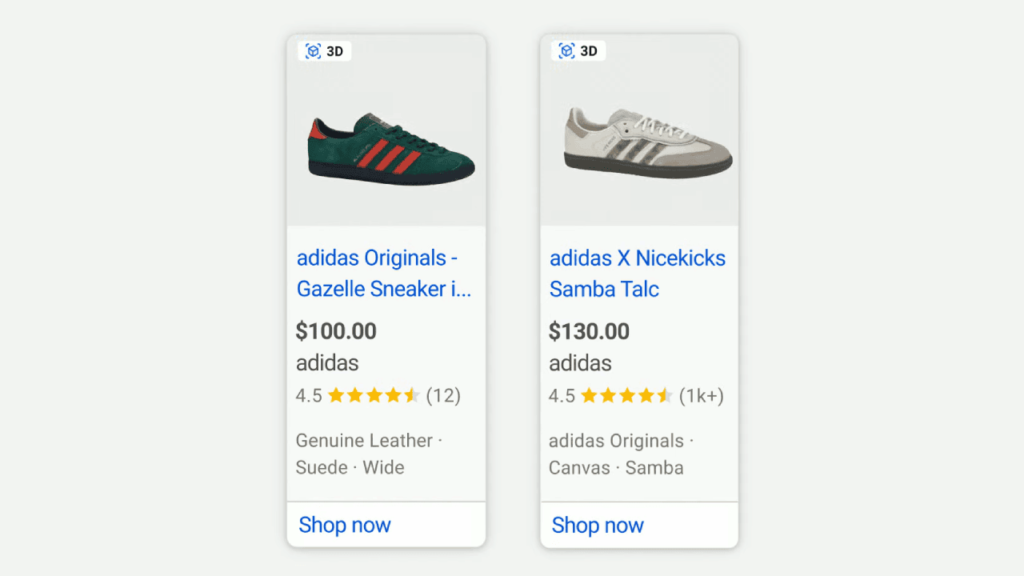 Side-by-side display of two Adidas sneakers enhanced with new features. Left: Green with red stripes labeled "Gazelle," priced at $100. Right: White with gray stripes labeled "Samba," priced at $130. Both showcase ratings, reviews, and shopping ads for your convenience.