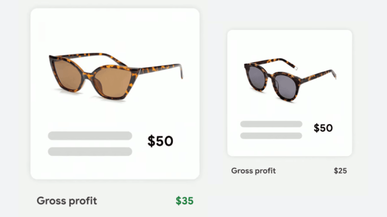 Two sunglasses with tortoiseshell frames are displayed. The left pair, featuring brown lenses, is priced at $50. The right pair also costs $50 and sports round frames with dark lenses. Highlighted in green below is "Gross profit $35," demonstrating a focus on profit optimization, while $25 appears beside the right sunglasses.