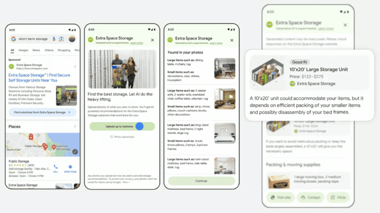 Five mobile phone screens display an app for Extra Space Storage, enhanced by AI solutions. The screens show a search result, storage options, and a detailed view of a 10’x20’ unit. Icons and images illustrate storage spaces and a map location.