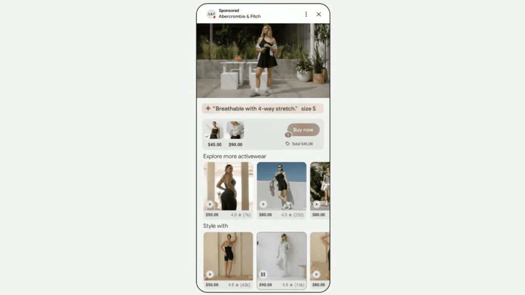 A mobile screen showcases an Abercrombie & Fitch ad featuring a model in a black athletic ensemble. Below, various sportswear items with prices are displayed, enhanced by Shopping Ads' new features. A "Buy now" button and additional clothing options, including style suggestions, are also visible.