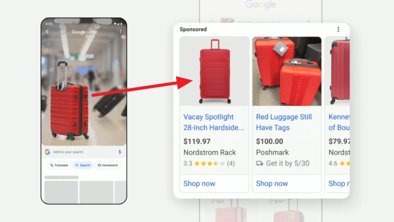 A smartphone showcases an image of a red suitcase on Google Lens, seamlessly directing users to Shopping Ads. An arrow links to a Google shopping page with similar red suitcases, featuring prices and ratings from various retailers.