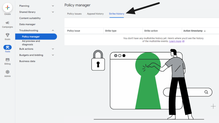 A person engages with a large keyhole on a webpage labeled "Policy Manager." The page shows tabs titled "Policy Issues," "Appeal History," and the selected "Strike History." A lock icon is visible on the left, emphasizing security.