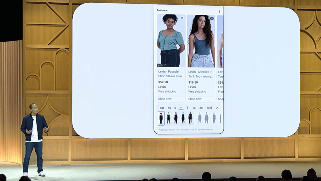 A person stands on stage at GML 2024, presenting in front of a large screen showcasing new features in online shopping interfaces. The display highlights Shopping Ads with two models wearing tops, complete with product details and pricing.