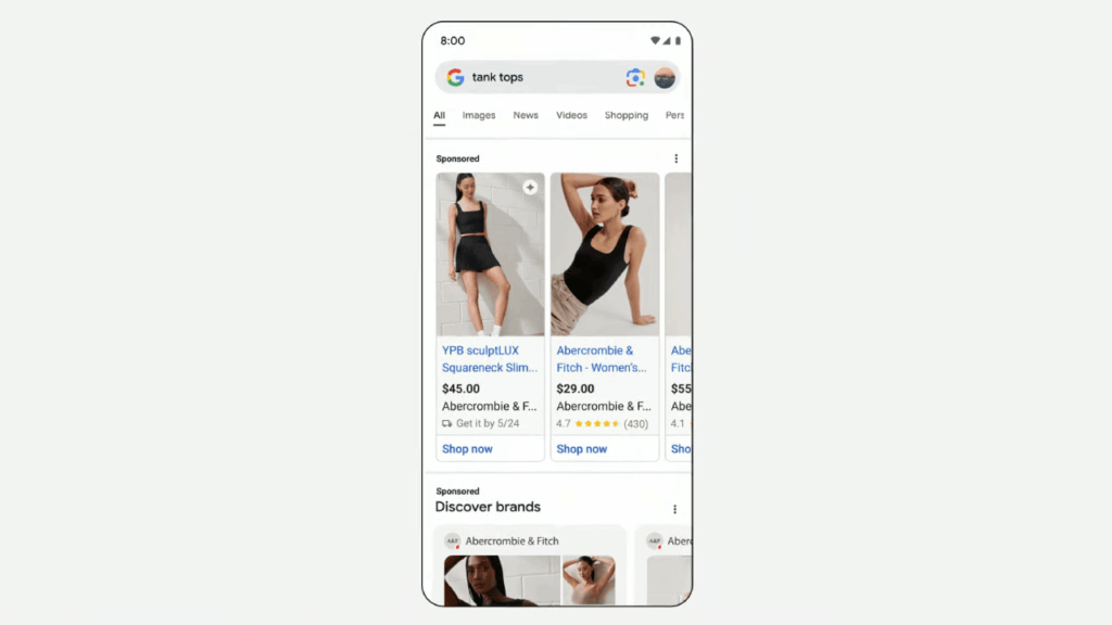 A smartphone screen displays a search results page for "tank tops," featuring Shopping Ads with images of a woman in a black tank top. Options to shop now, brand information, and new features from GML 2024 are visible.