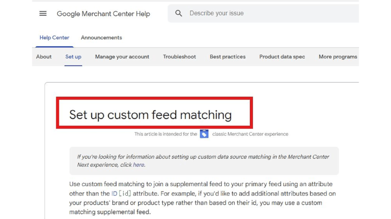 Screenshot of a Google Merchant Center Help page titled "Set up Custom Feed Matching." A red box highlights the title, with a note indicating it's for the classic Merchant Center experience. Perfect guide for integrating SEO Keywords efficiently in your product feeds.