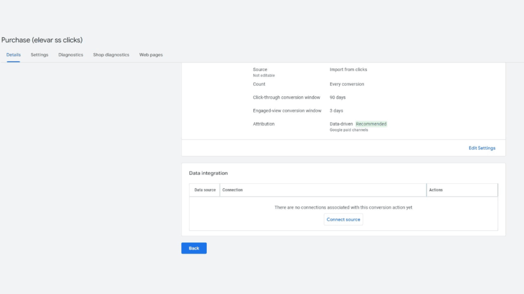 Screenshot of a data integration page displaying conversion detail settings for purchase actions. Sections include source details, click-through data, and attribution options, with a note indicating no connections established yet. There’s an option to connect a source.