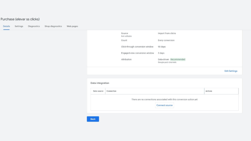 Screenshot of a data integration page displaying conversion detail settings for purchase actions. Sections include source details, click-through data, and attribution options, with a note indicating no connections established yet. There’s an option to connect a source.