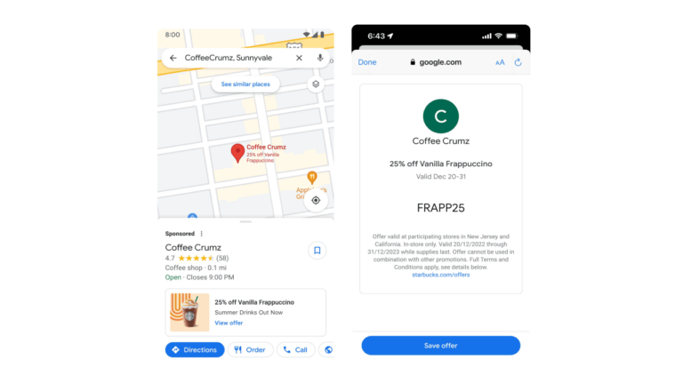 Screenshot of a map showing Coffee Crumz in Sunnyvale, featuring a 25% off Vanilla Frappuccino digital coupon. The map is on the left, and a user accessing the offer through Google.com via mobile is on the right. Redeem with promo code FRAPP25 and embrace savvy digital marketing strategies.