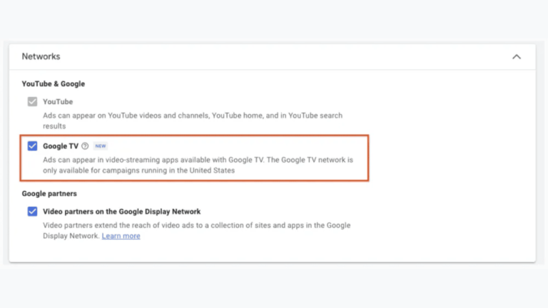 Screenshot of a Google Ads settings page showcases the "Networks" section with YouTube and Google TV Network options checked. The Google TV description highlights ad-supported video-streaming apps to maximize reach for campaigns in the United States.