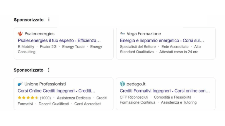 Search results showcasing card-based search ads for energy consulting and online courses. Brands like Psai.er Energies, Vega Formazione, Unione Professionisti, and pedago.it offer services from energy training to engineering credit courses.