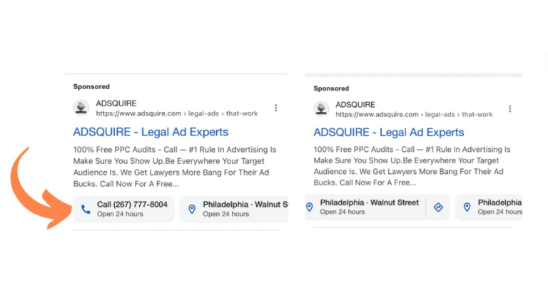 A web advertisement for "ADSQUIRE - Legal Ad Experts" highlights free PPC audits with a focus on visibility. Using location extensions, it ensures easy access to details in Philadelphia, Walnut Street. Includes a clickable phone number (267) 777-8004.