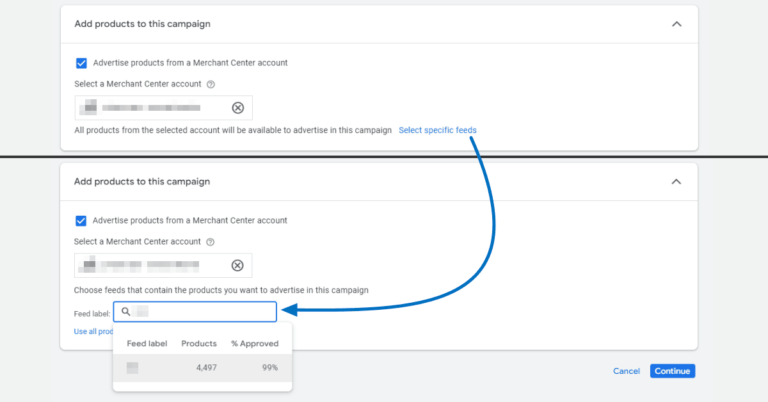 Screenshot of an interface illustrating Campaign Creation. It highlights options to advertise from a Merchant Center account and Targeting by Feed Labels. Users can select specific feeds, use a dropdown menu for feed label selection with products listed, and see an approval percentage.