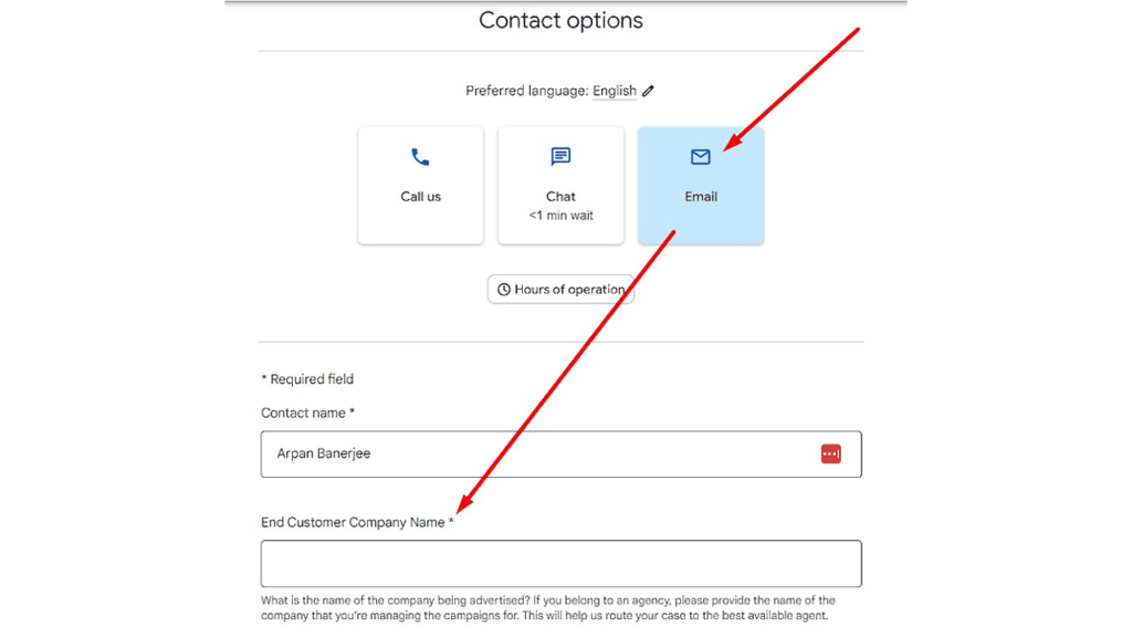 Explore our versatile contact options form for reaching out to our support team. Choose your preferred language, with English as the default, and select from call, chat, or email (email is pre-selected). Include fields like "Contact Name," and "End Customer Company Name" for a seamless experience.