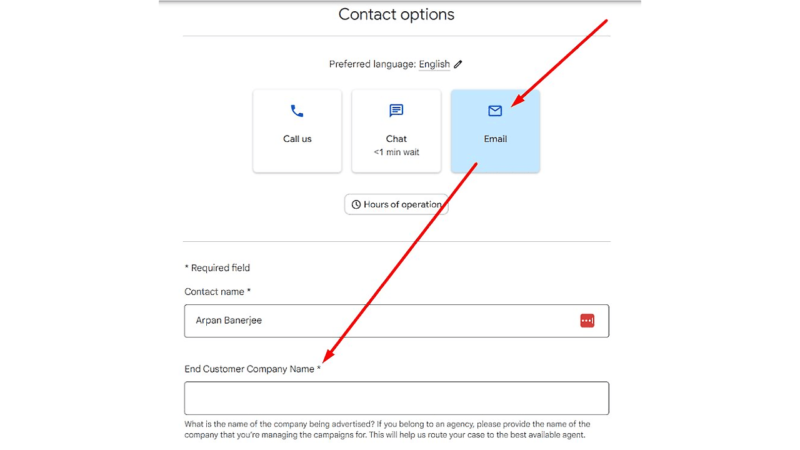 Explore our versatile contact options form for reaching out to our support team. Choose your preferred language, with English as the default, and select from call, chat, or email (email is pre-selected). Include fields like "Contact Name," and "End Customer Company Name" for a seamless experience.