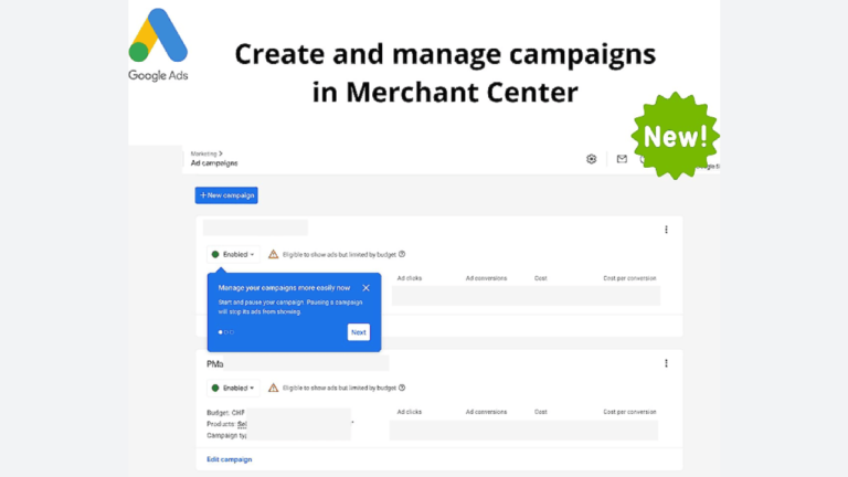 Screenshot of Google Ads interface highlighting "Create and manage campaigns in Merchant Center." A blue notification box explains steps for PMAX Campaign Management. Some Shopping campaigns are paused, and there's a green "New" badge on the right.