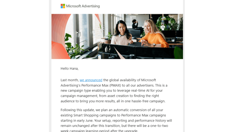 Two people are sitting at desks, smiling and looking at computer screens. The office setting includes potted plants in the background. The image relates to an email from Microsoft Advertising about the Automatic Upgrade feature in a new campaign update.