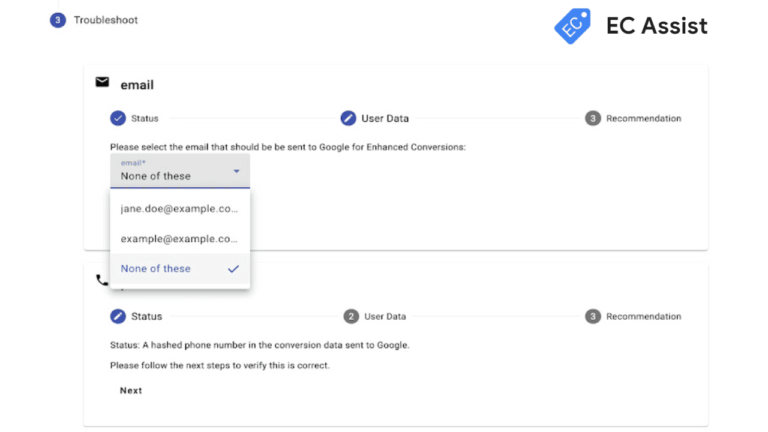 Screenshot of a troubleshooting interface titled "EC Assist." The top section focuses on email, with suggestions for email addresses displayed in a dropdown menu. The bottom section related to "User Data" provides steps for verifying a hashed phone number sent to Google, showcasing Enhanced Conversions diagnostics.