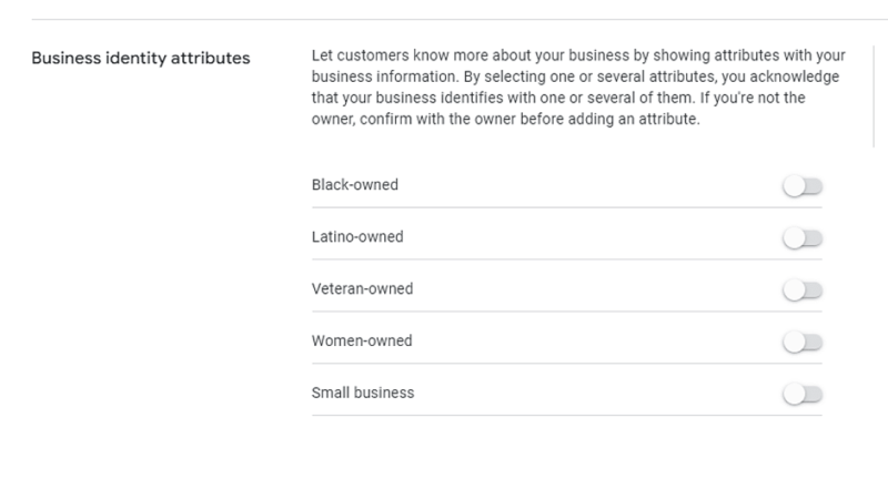 A screenshot of a section titled "Business identity attributes" in Google Merchant Center that allows users to toggle different business attributes. The options listed are Black-owned, Latino-owned, Veteran-owned, Women-owned, and Small business. All toggles are currently off, enhancing SEO potential.