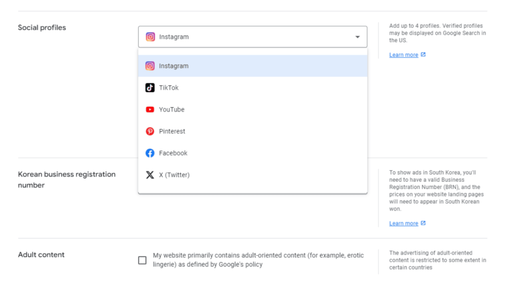 A screenshot of a settings page with a dropdown menu for adding social profiles, displaying options like Instagram, TikTok, YouTube, Pinterest, and Facebook. To the right, there are sections for the Korean business registration number and adult content declaration.