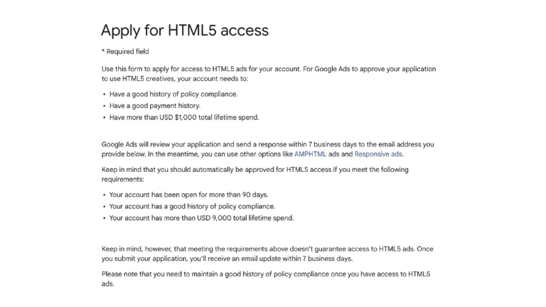Screenshot of a webpage titled "Apply for HTML5 access" with instructions for applying to use HTML5 ads on a Google Ads account. Requirements include a minimum account age of 90 days, good policy compliance history, and a total lifetime spend exceeding $9,000 - essential for maximizing your Performance Max campaigns.