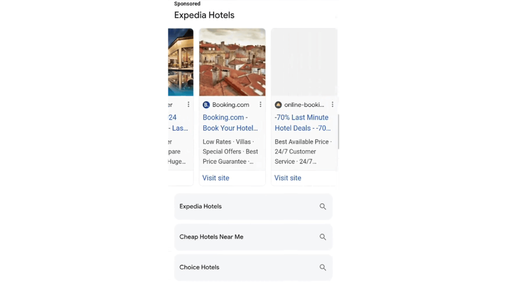 A mobile screenshot of a Google search page displaying sponsored advertisements for Expedia Hotels in an ad carousel. The ads include images of hotel buildings and offer options to book through websites like Booking.com and online-booking.com. Below are related queries.
