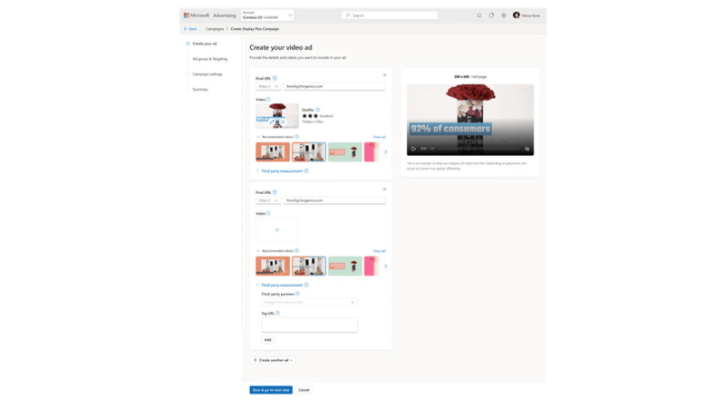 Screenshot of the Microsoft Advertising platform displaying a campaign creation page for a video ad. The video thumbnail shows a red flower, and below it, the text "92% of consumers." The interface includes sections for Video Ads and display URL, and ad text input fields enhanced by Copilot.