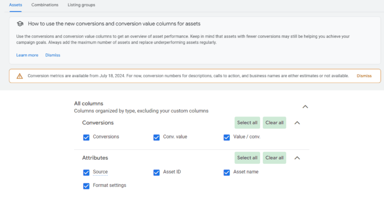A screenshot of a Google Ads interface showcases a section titled "Assets," featuring PMAX Assets with new conversion metrics columns at the top. Below, categorized columns include Conversions, Conv. value, Conv. value/conv, Source, Asset ID, and Format settings. "Select all" and "Clear all" buttons are next to each category.