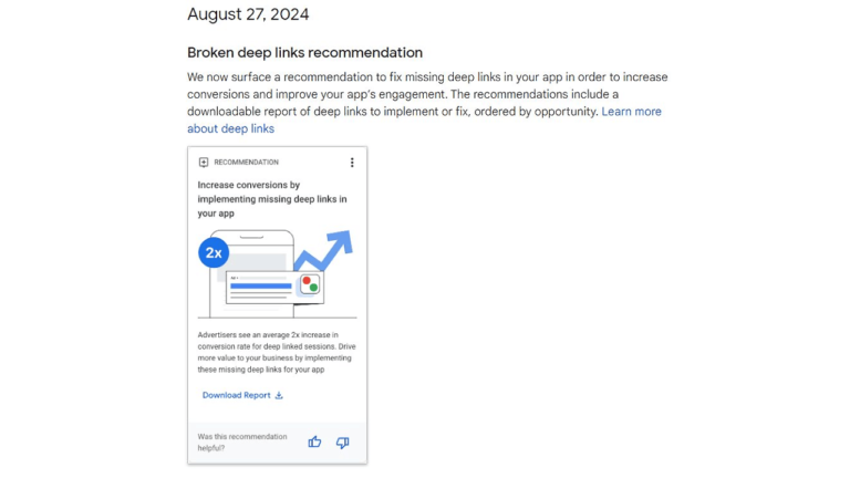 Screenshot of an email dated August 27, 2024, titled "Fixing Missing Deep Links Recommendation." The email advises implementing missing deep links to increase app conversions and improve engagement. It includes a visual with an upward arrow, gear icons, a GA4 tag, and a clickable "Download Report" button.