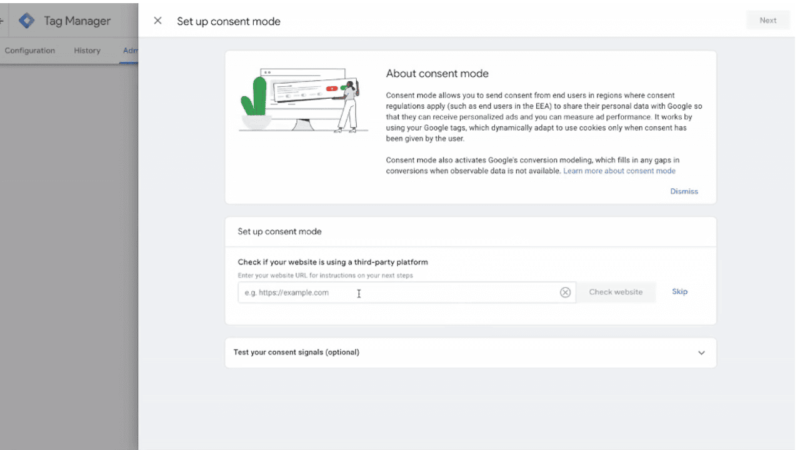 A Google Tag Manager interface is displayed, showing the "Set up consent mode" screen. It features a section for entering a website URL to check for third-party platform usage, with informational text about consent mode and data management on the right side. A "Next" button is at the top-right corner.