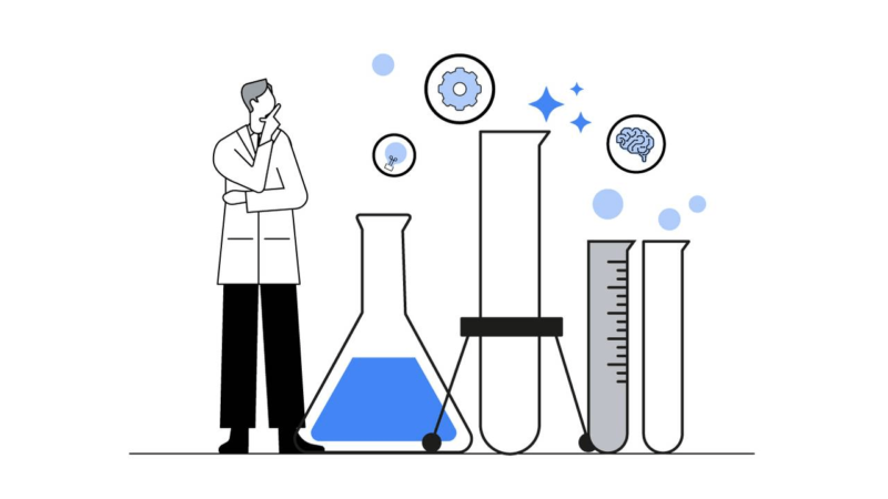 A scientist in a lab coat stands thoughtfully next to an array of lab equipment, including a beaker filled with blue liquid, test tubes, and measuring cylinders. Floating above are icons of a gear, a light bulb, and a brain, symbolizing innovation and research.