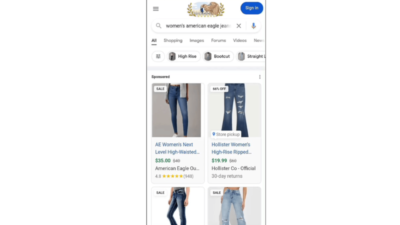 Screenshot of a Google search results page for "women's American Eagle jeans." Results include sponsored products such as AE Women's Next Level High-Waisted Jegging for $35.00 and Hollister High Rise Ripped Jeans for $19.99. Experimenting with various jean styles, the Shopping Ads showcase a range of options.