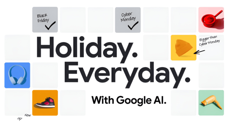 The image features text saying, "Holiday. Everyday. With Google AI." Surrounded by various items such as headphones, sneakers, a beanie, and a mixer, along with labels like "Black Friday," "Cyber Monday," and checks. This highlights Google's effective holiday marketing strategy that's bigger than Cyber Monday.