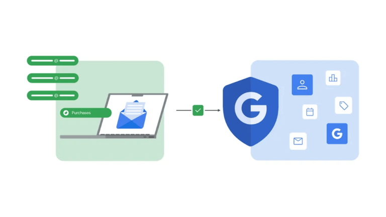 Illustration showing data privacy. On the left, a laptop with an open envelope icon and various data types like purchases. On the right, a shield with the Google "G" logo and icons representing email, calendar, files, and tags. An arrow connects the laptop to the shield for confidential matching.